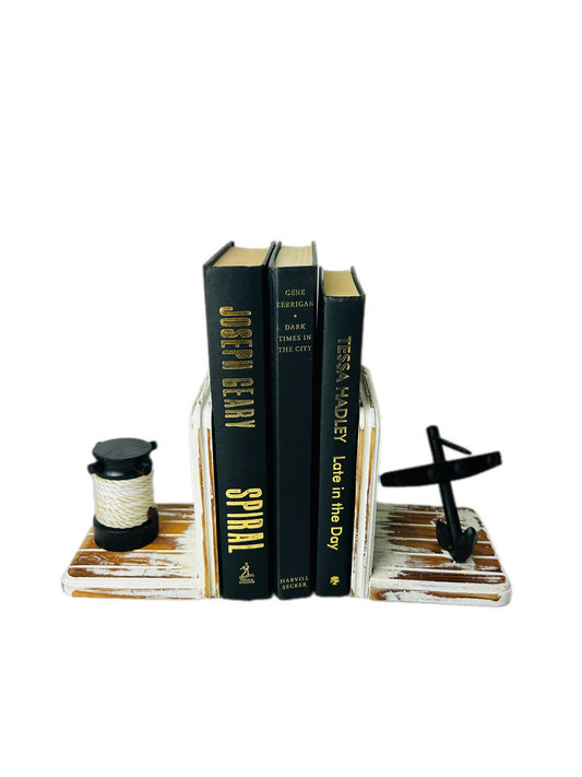 Upcycled Timber Nautical Bookends Cast Iron Anchor Rope Detail Coastal Decor Sabby Chic White