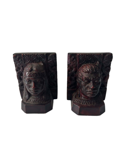 Vintage 1970s Parua Studios Māori Bookends Pair Male & Female Figures New Zealand Resin