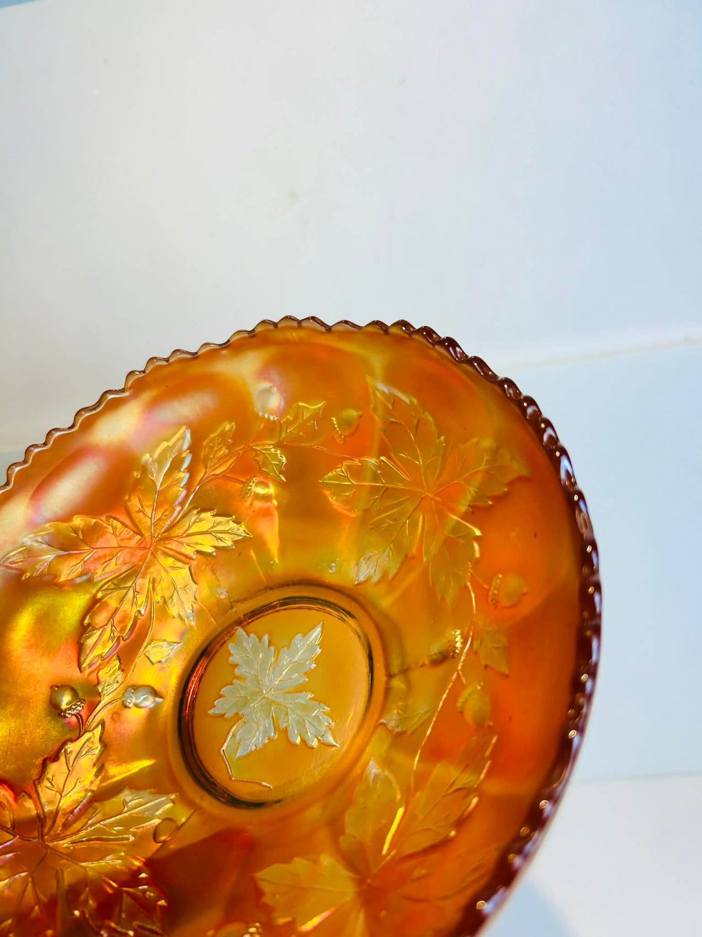 Vintage Carnival Glass Bowl Marigold Orange Scalloped Edge Pressed Glass Fruit Bowl 20cm