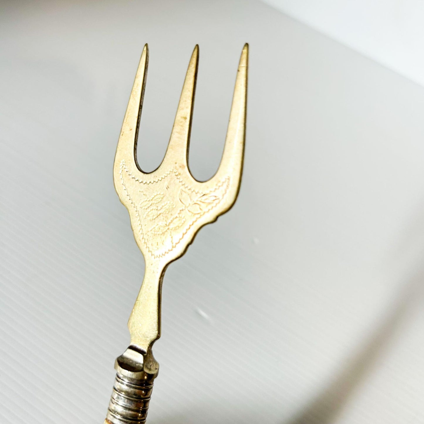 Antique Mother of Pearl Serving Fork, Leaf Etched Silver Plate, Victorian Flatware