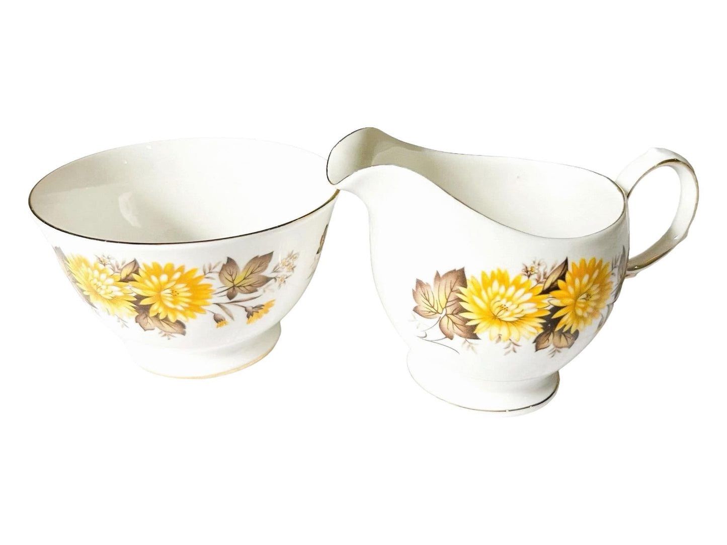 Vintage Queen Anne Bone China Creamer and Sugar Bowl Set: Yellow Chrysanthemums, England