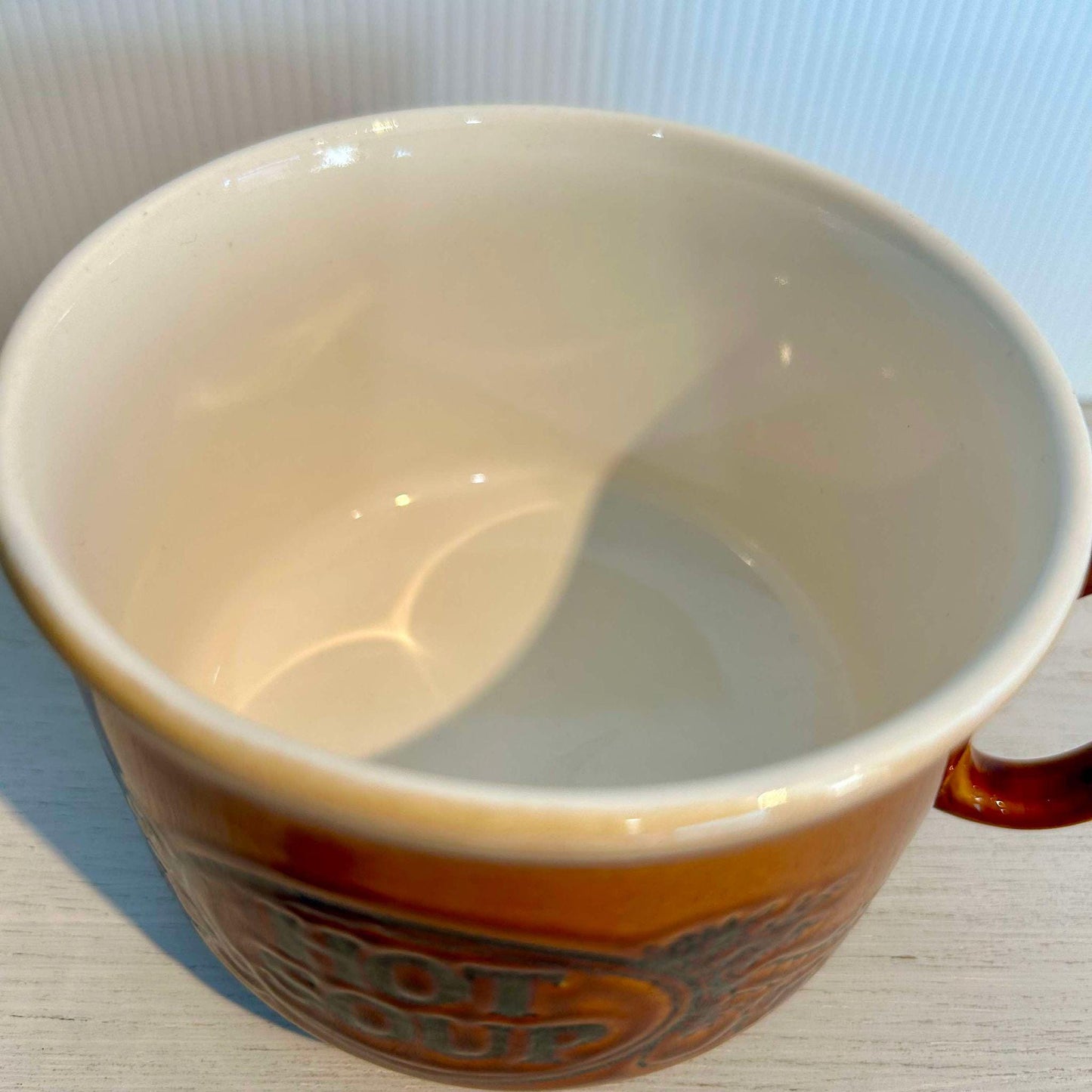 Vintage English Soup Mug: Brown & White Glaze, Vegetable Design