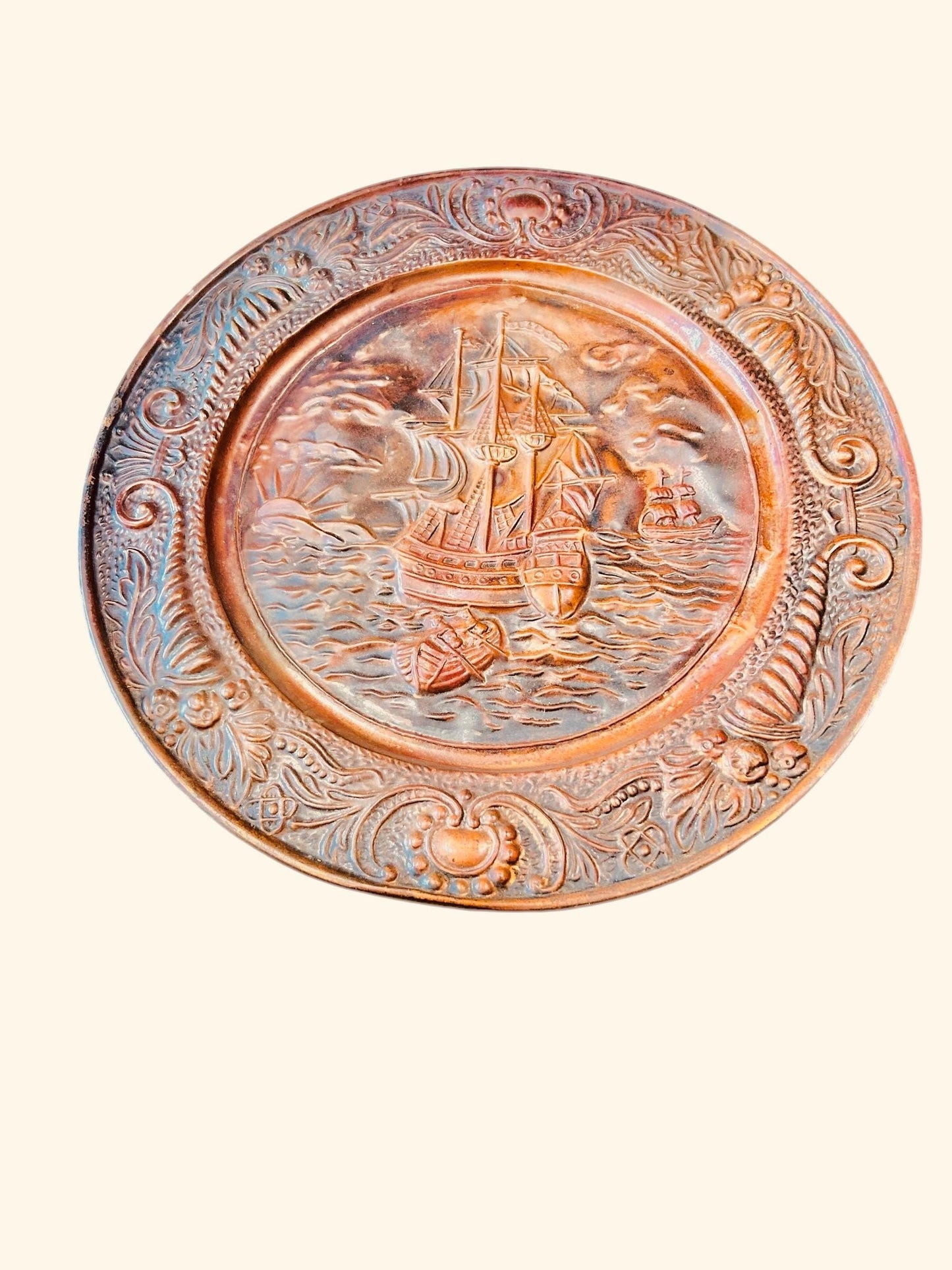Decorative Handcrafted Copper and Metal Round Wall Art Plate. Ships and Horses.