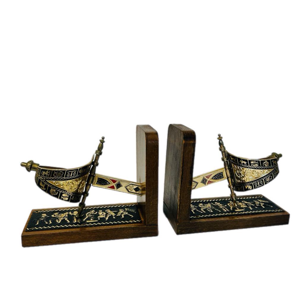 Vintage Wooden Bookends: Medieval Sword, Zodiac & Roman Design