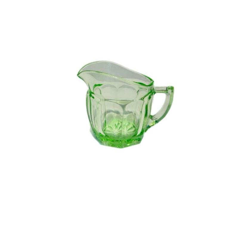 Vintage Depression Green Glass Jug and Plate Set – Starburst Pattern – Small Serving Jug with Matching Round Plate – Art Deco Style