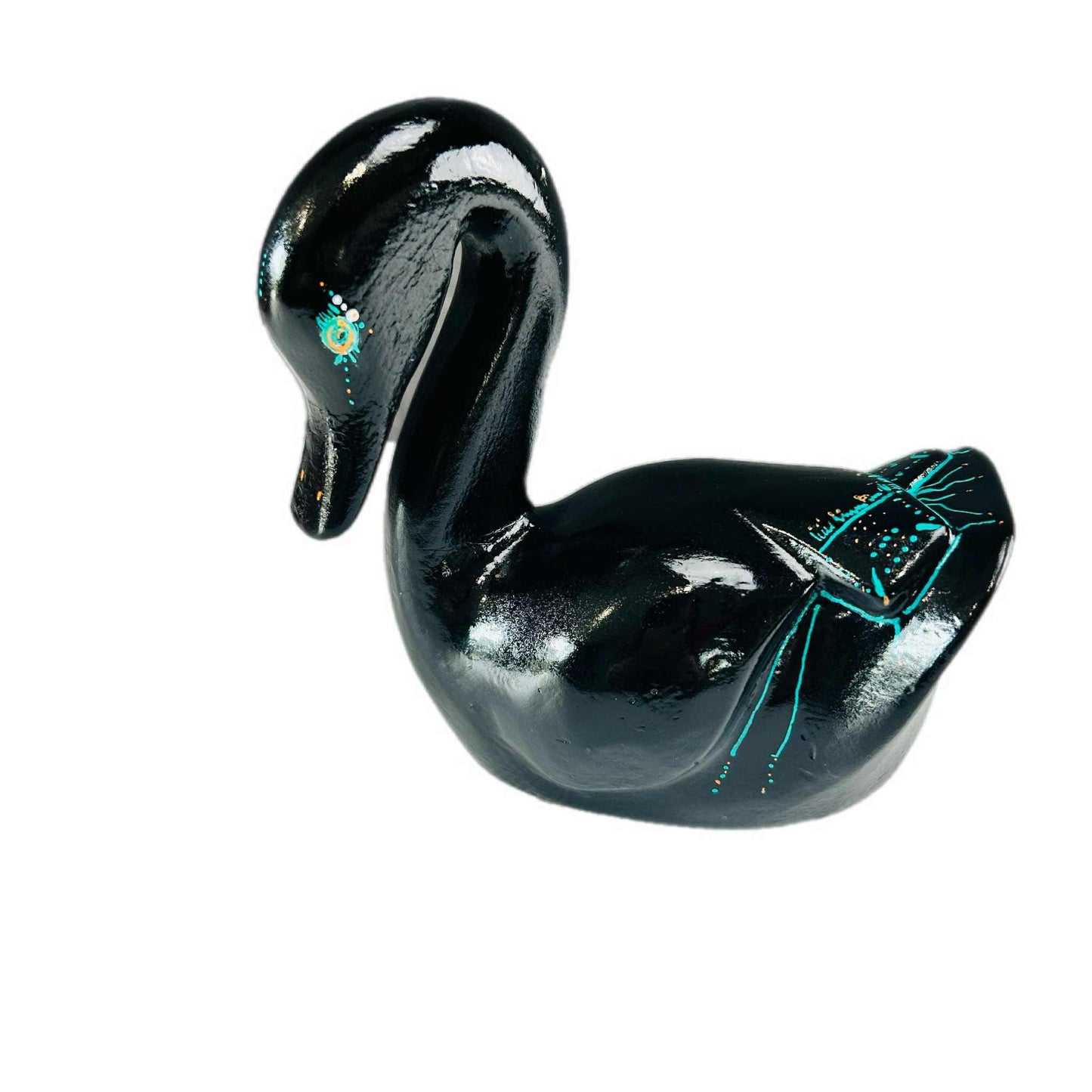 Hand-Painted Black Wooden Swan Sculpture: Coastal Boho Decor
