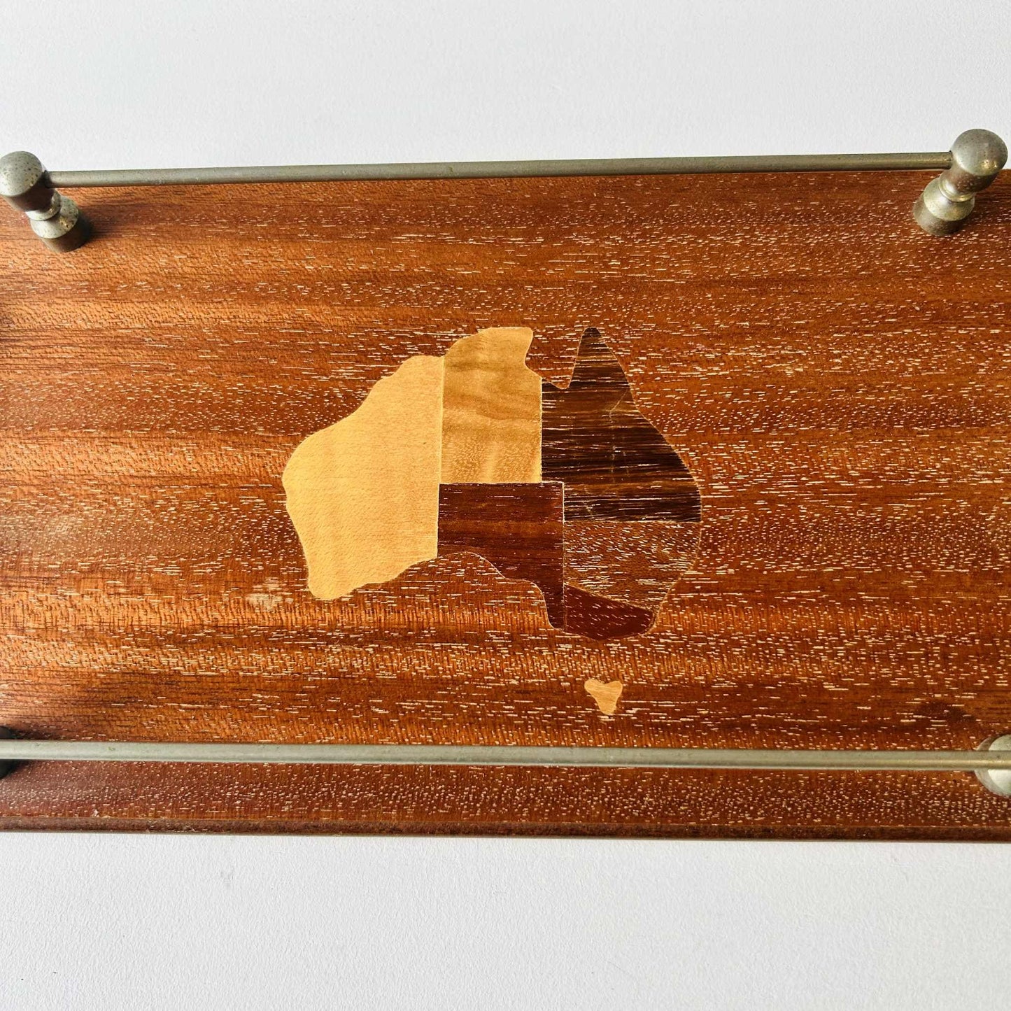Mid-Century Wooden Tray by Australian Mulga – Vintage Inlaid Map Design, 35x17 cm – Melbourne Made