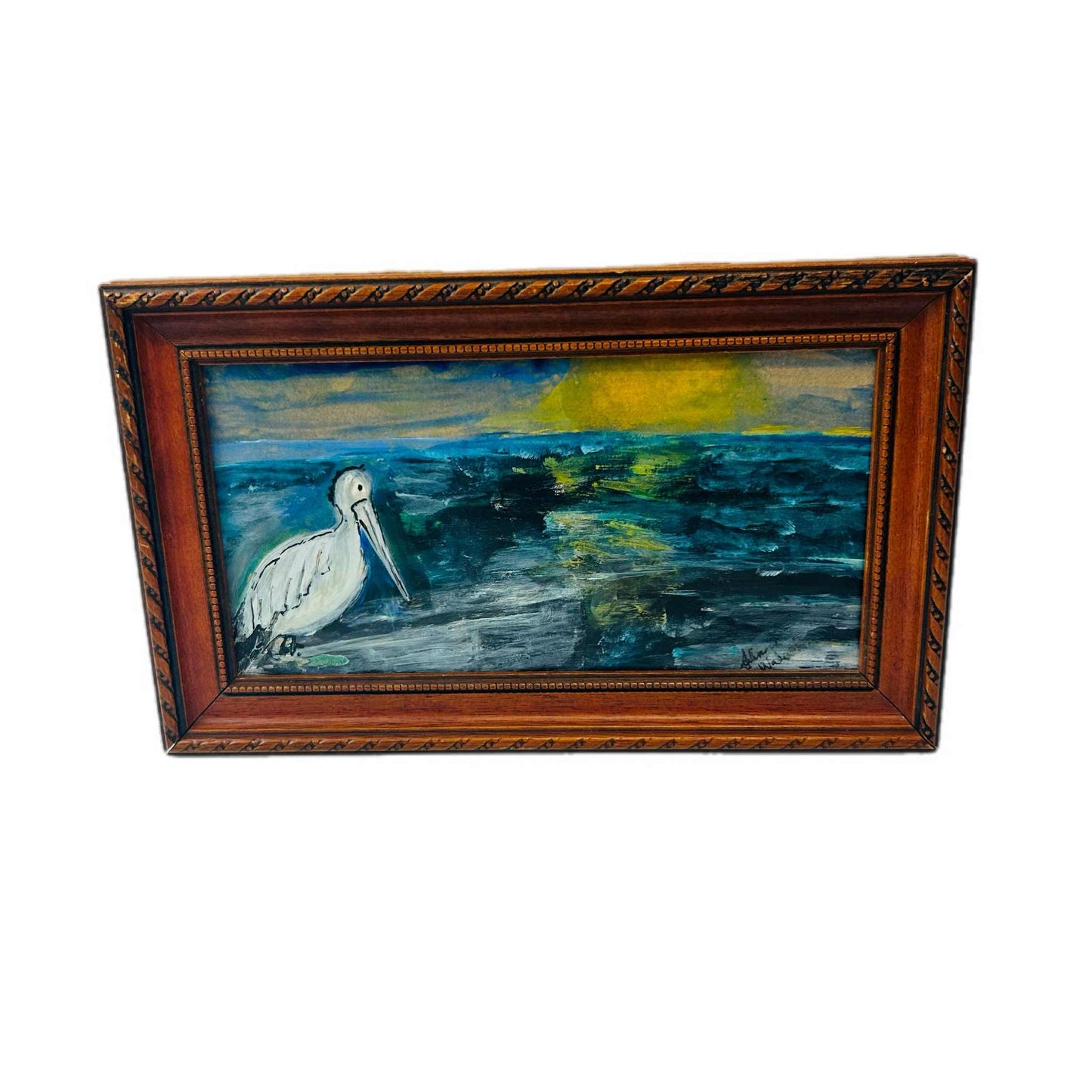 Pelican Coastal Painting: Original Acrylic & Watercolour Seascape in Upcycled Frame