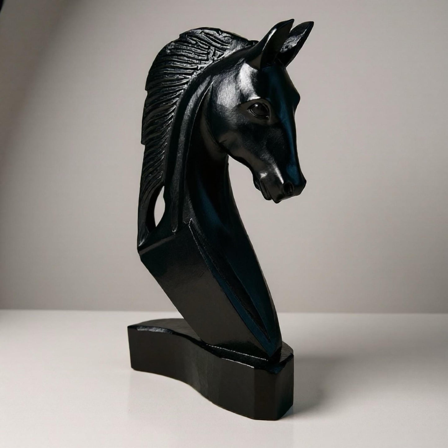Upcycled Gloss Black Horse Head Statue, Solid Wood Equestrian Decor