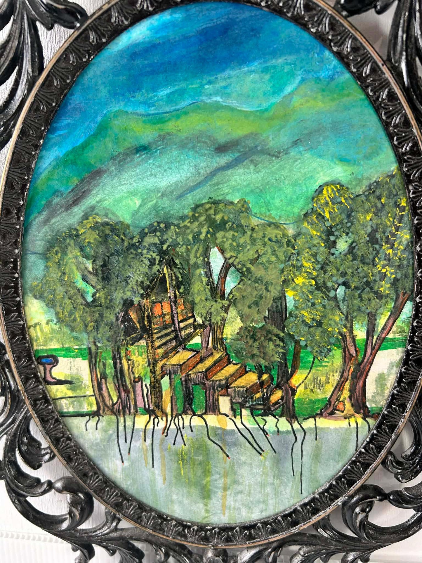 The Tree House - Original Acrylic landscape in Upcycled Vintage Black Metal Frame.
