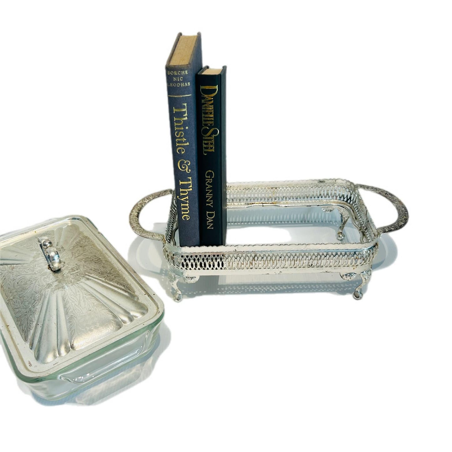 Vintage Fire-King Casserole – Anchor Hocking Glass Dish with Ornate Silver-Tone Caddy