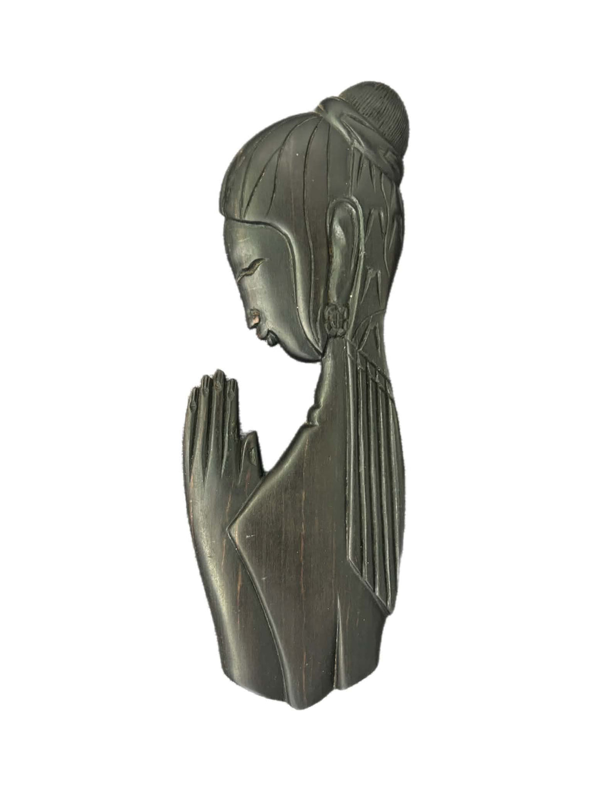 Vintage 1960s Balinese Praying Woman Carved Wood Wall Sculpture, Indonesian Art