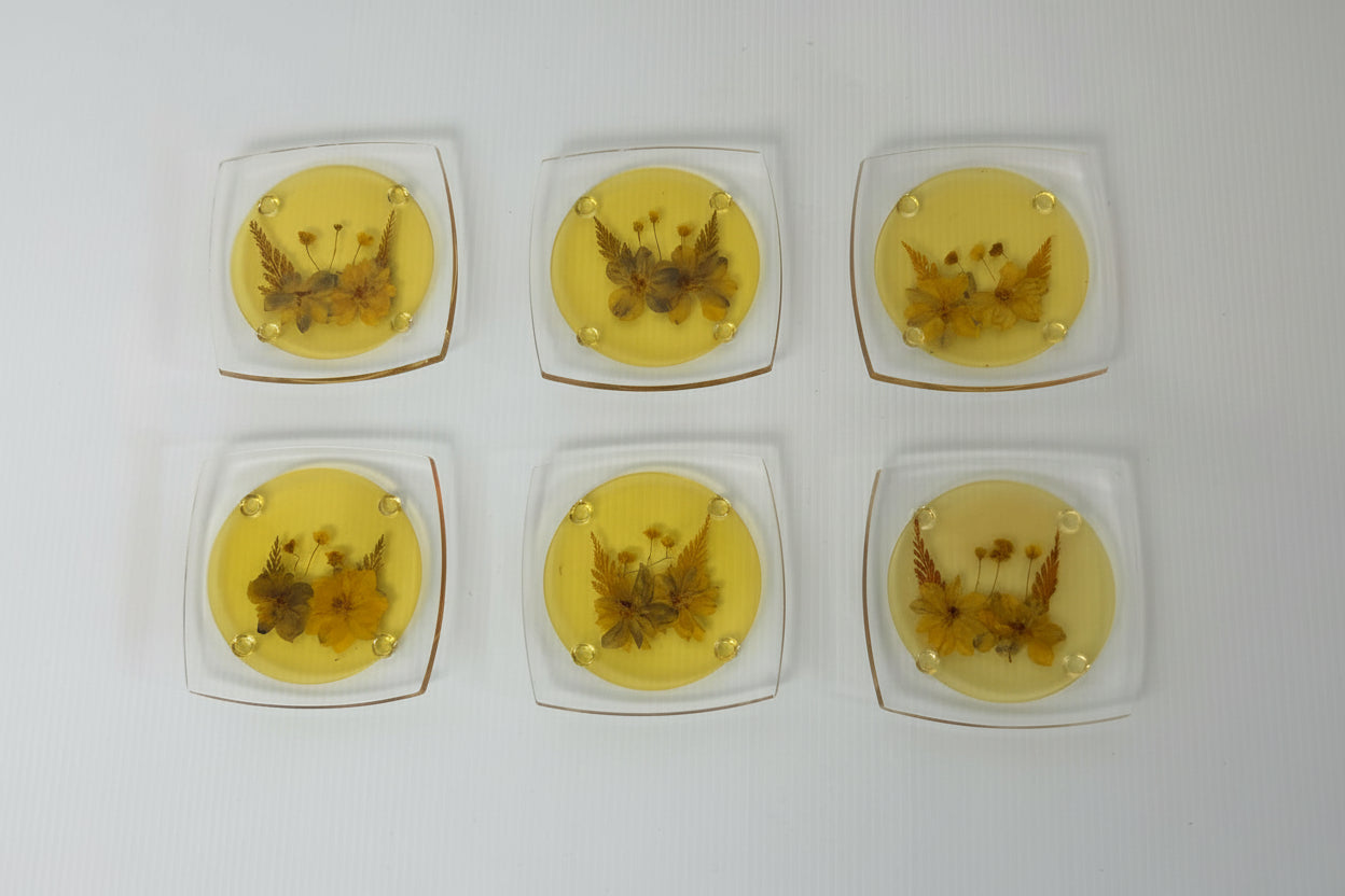 Vintage 1970s Pressed Flower Resin Coasters Set of 6 Yellow Acrylic Boho Cottage Decor Retro Tableware