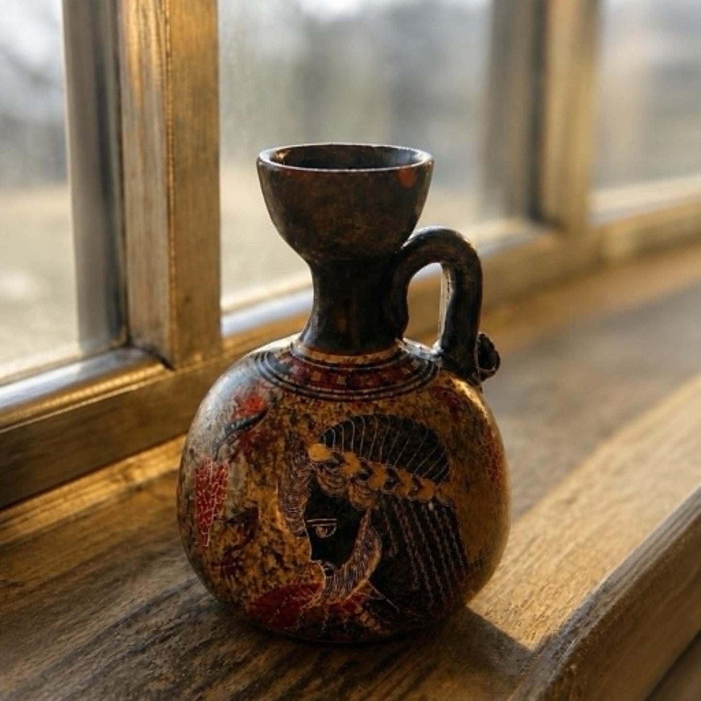 Handmade Greek Pottery Miniature Jug, Copy of the Classical Period 500 BC, Bearded Figure Possibly Zeus, Original Crimped Lead Seal