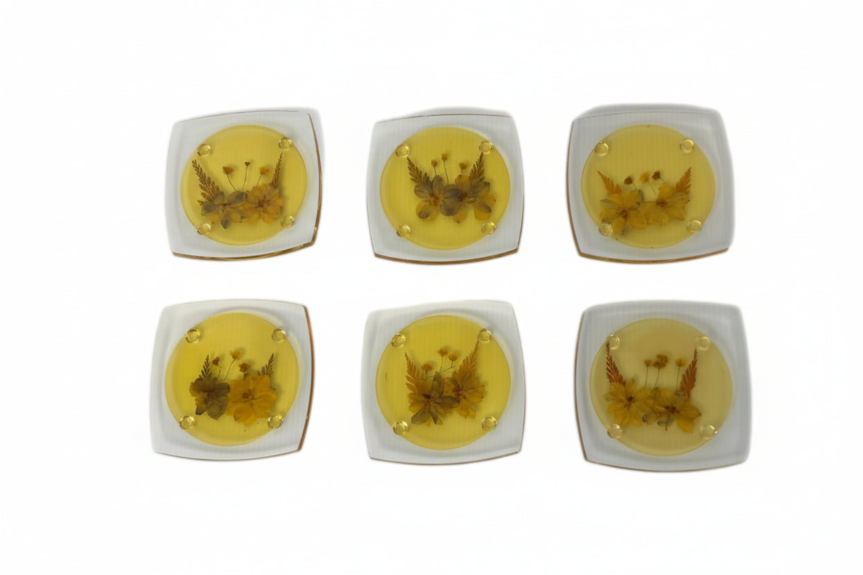 Vintage 1970s Pressed Flower Resin Coasters Set of 6 Yellow Acrylic Boho Cottage Decor Retro Tableware