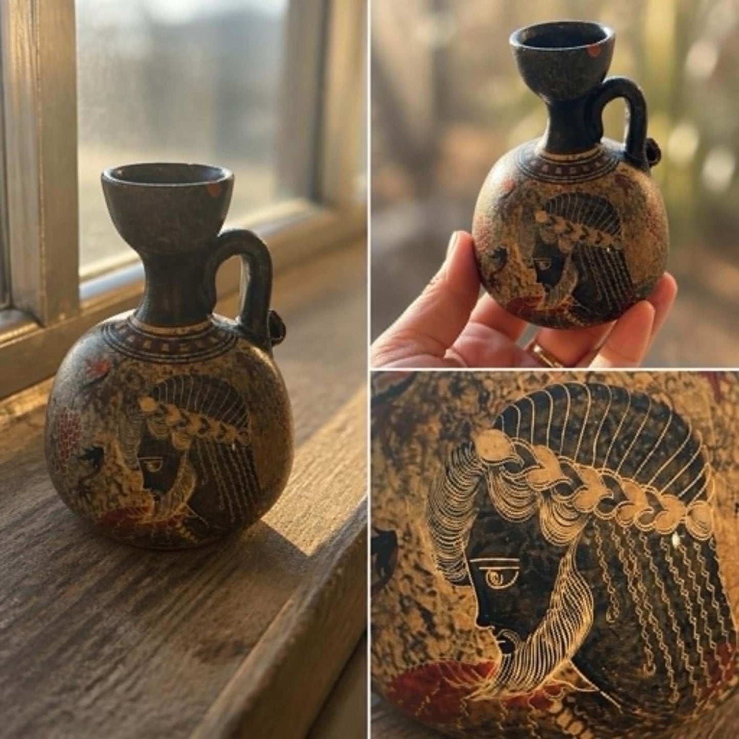 Handmade Greek Pottery Miniature Jug, Copy of the Classical Period 500 BC, Bearded Figure Possibly Zeus, Original Crimped Lead Seal