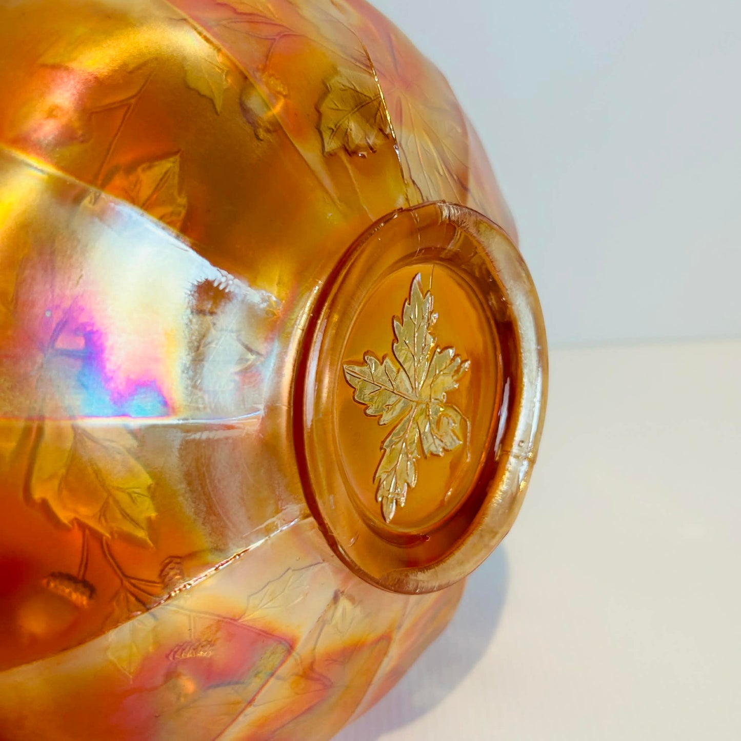 Vintage Carnival Glass Bowl Marigold Orange Scalloped Edge Pressed Glass Fruit Bowl 20cm