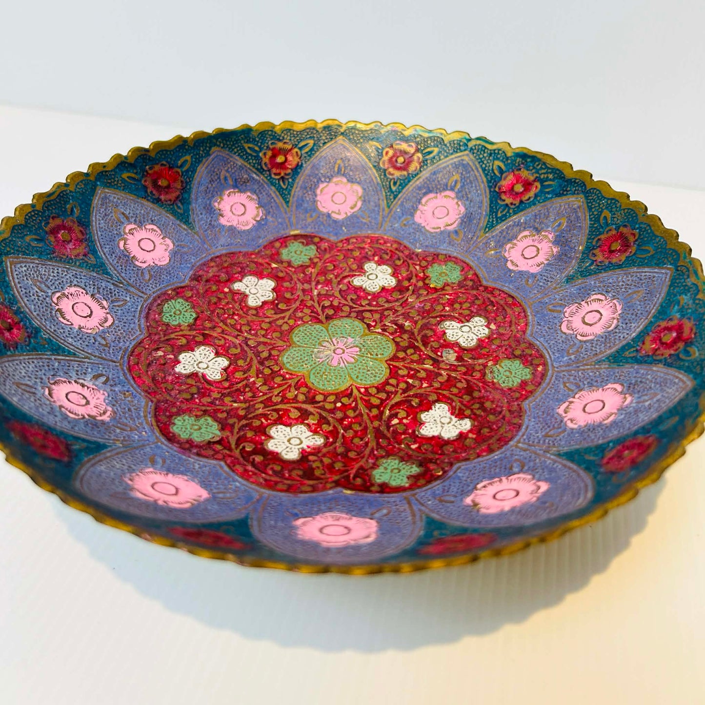 Vintage Brass Enamel Pedestal Bowl – “Calivery” Label
