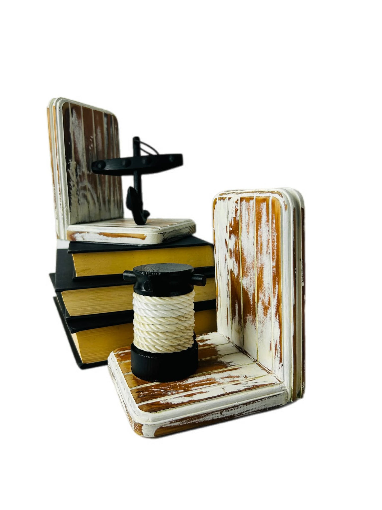 Upcycled Timber Nautical Bookends Cast Iron Anchor Rope Detail Coastal Decor Sabby Chic White