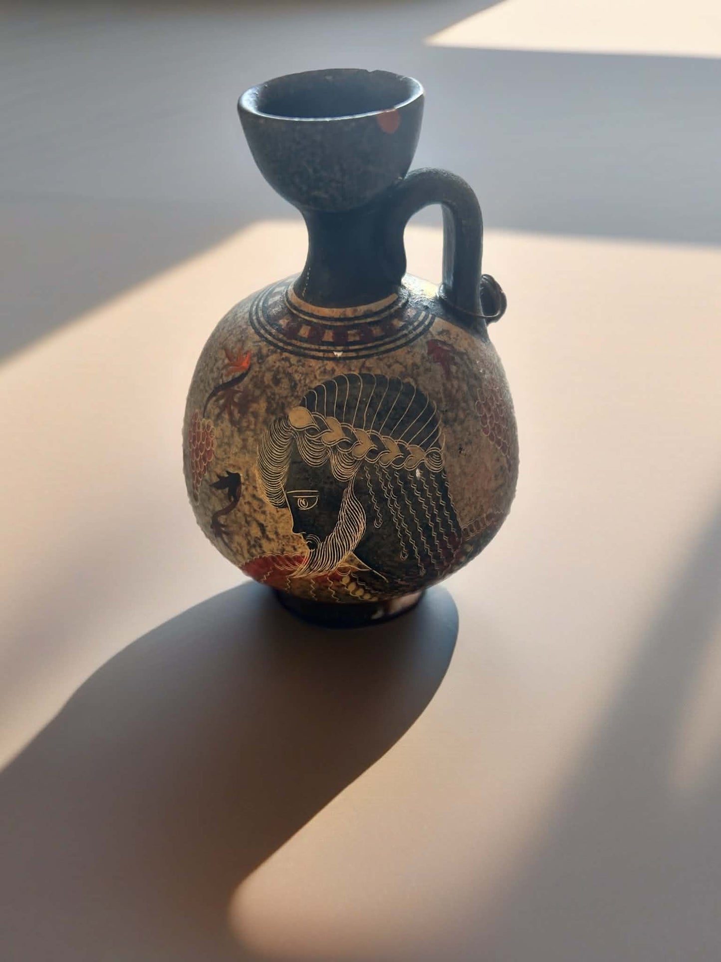 Handmade Greek Pottery Miniature Jug, Copy of the Classical Period 500 BC, Bearded Figure Possibly Zeus, Original Crimped Lead Seal