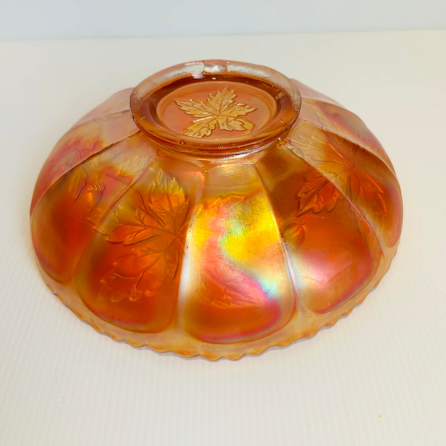Vintage Carnival Glass Bowl Marigold Orange Scalloped Edge Pressed Glass Fruit Bowl 20cm