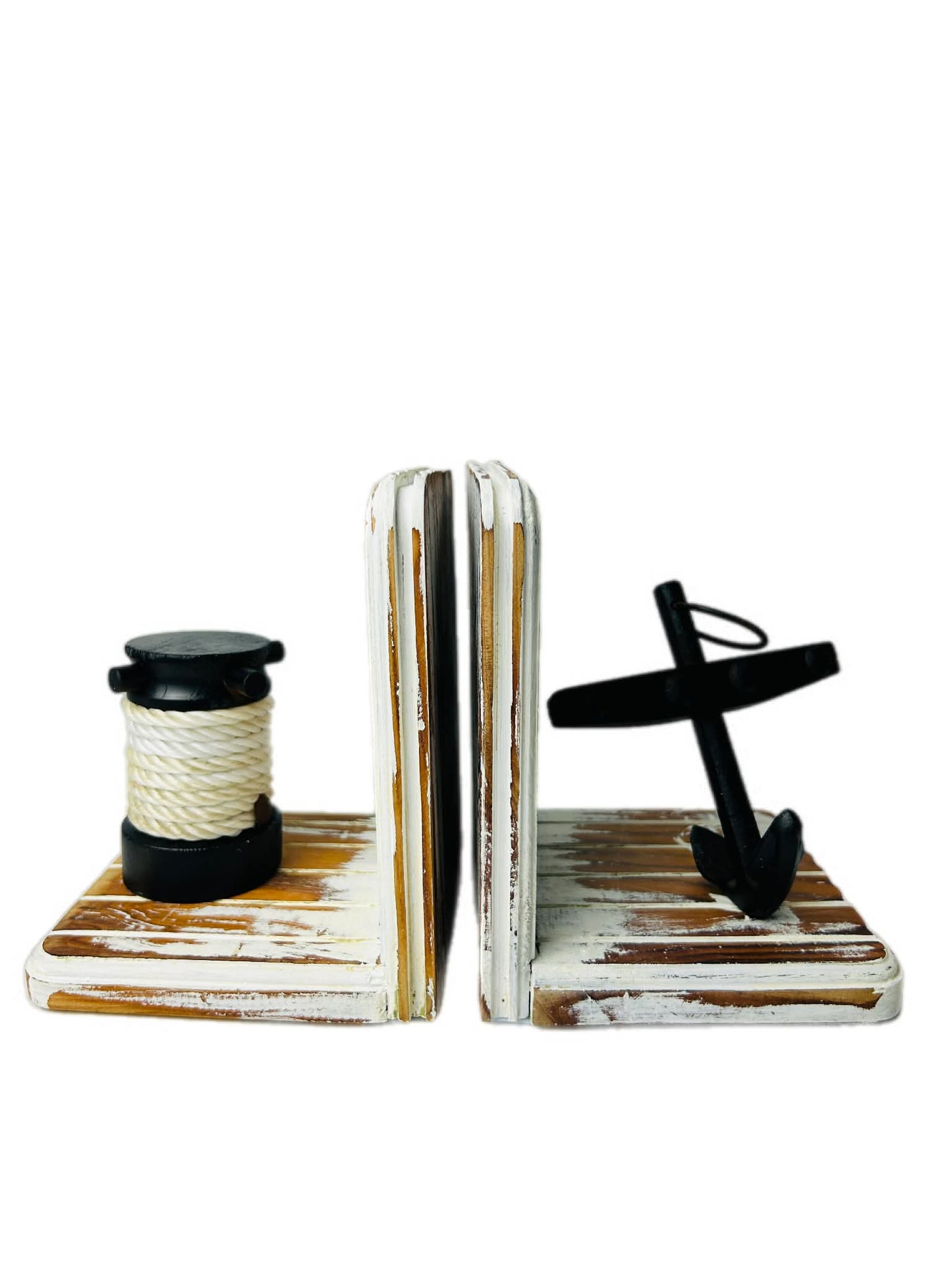 Upcycled Timber Nautical Bookends Cast Iron Anchor Rope Detail Coastal Decor Sabby Chic White