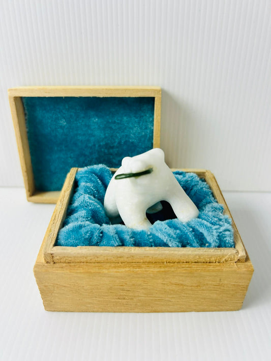 Star Marble Stone Grizzly Bear Sculpture with Carved Jade Fish Collectible Decor