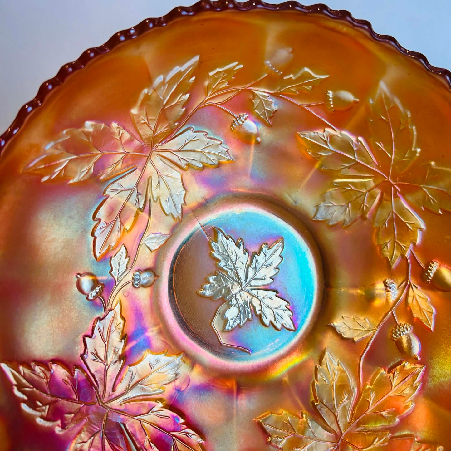 Vintage Carnival Glass Bowl Marigold Orange Scalloped Edge Pressed Glass Fruit Bowl 20cm