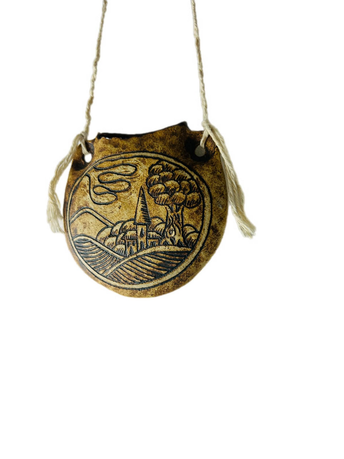 Vintage Ceramic Pilgrim Flask Hanging Wall Vase Folk Art Village Design