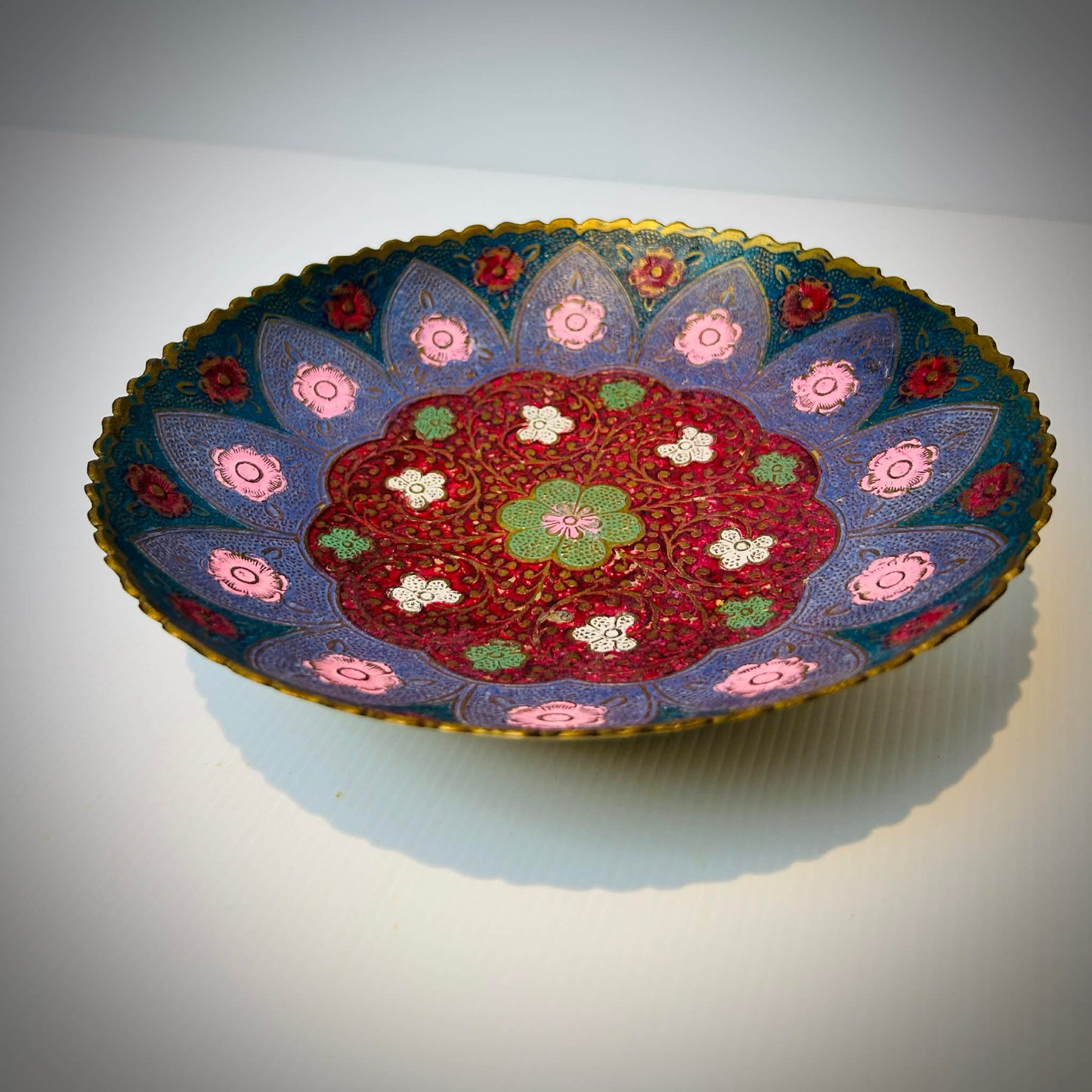 Vintage Brass Enamel Pedestal Bowl – “Calivery” Label