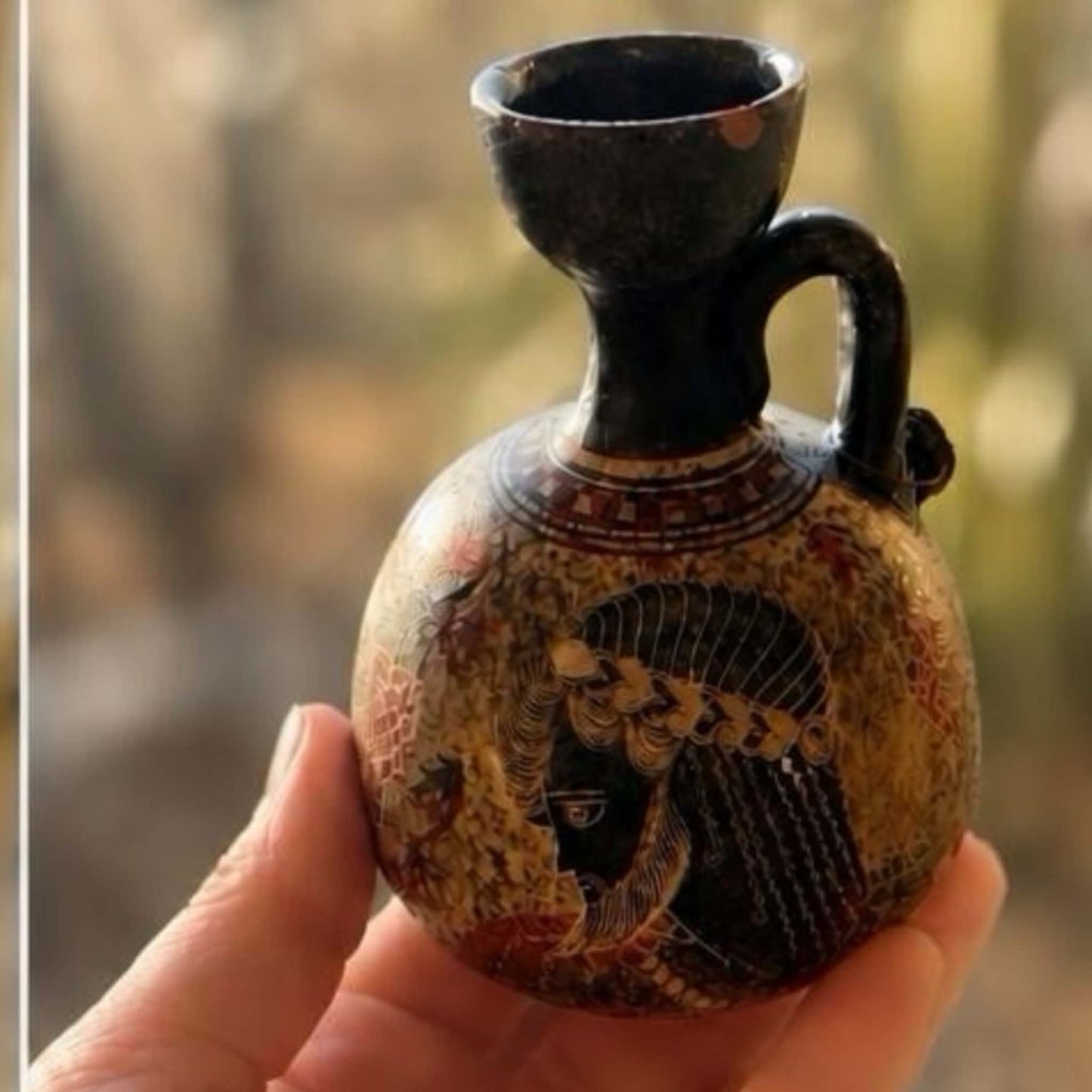 Handmade Greek Pottery Miniature Jug, Copy of the Classical Period 500 BC, Bearded Figure Possibly Zeus, Original Crimped Lead Seal