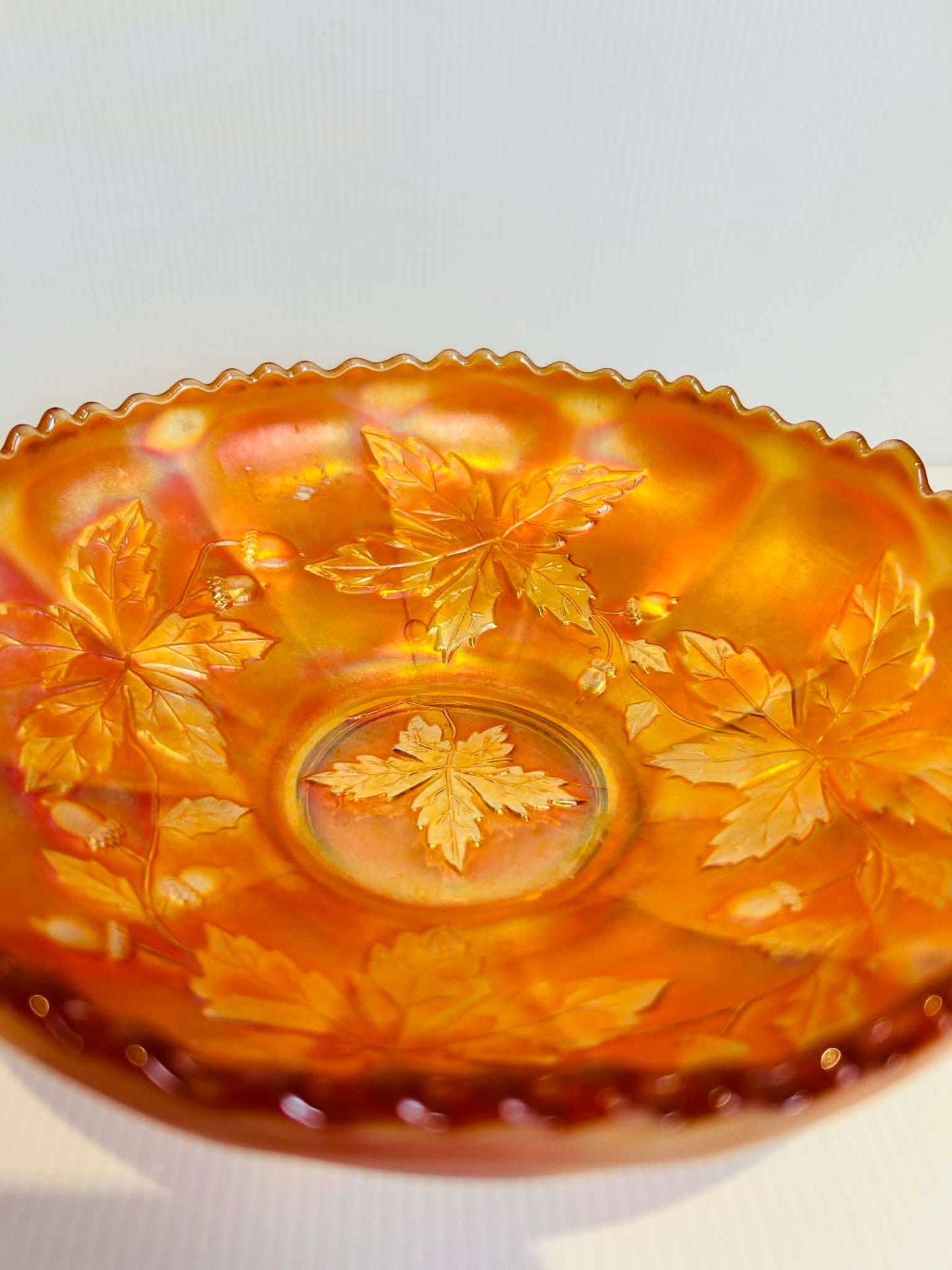 Vintage Carnival Glass Bowl Marigold Orange Scalloped Edge Pressed Glass Fruit Bowl 20cm
