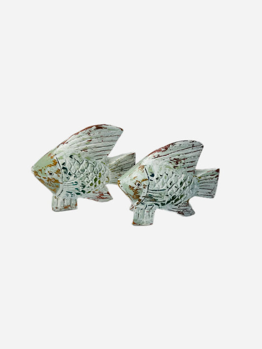 Upcycled Solid Wood Fish Figurines – Sage Green & Natural Timber Coastal Decor Pair