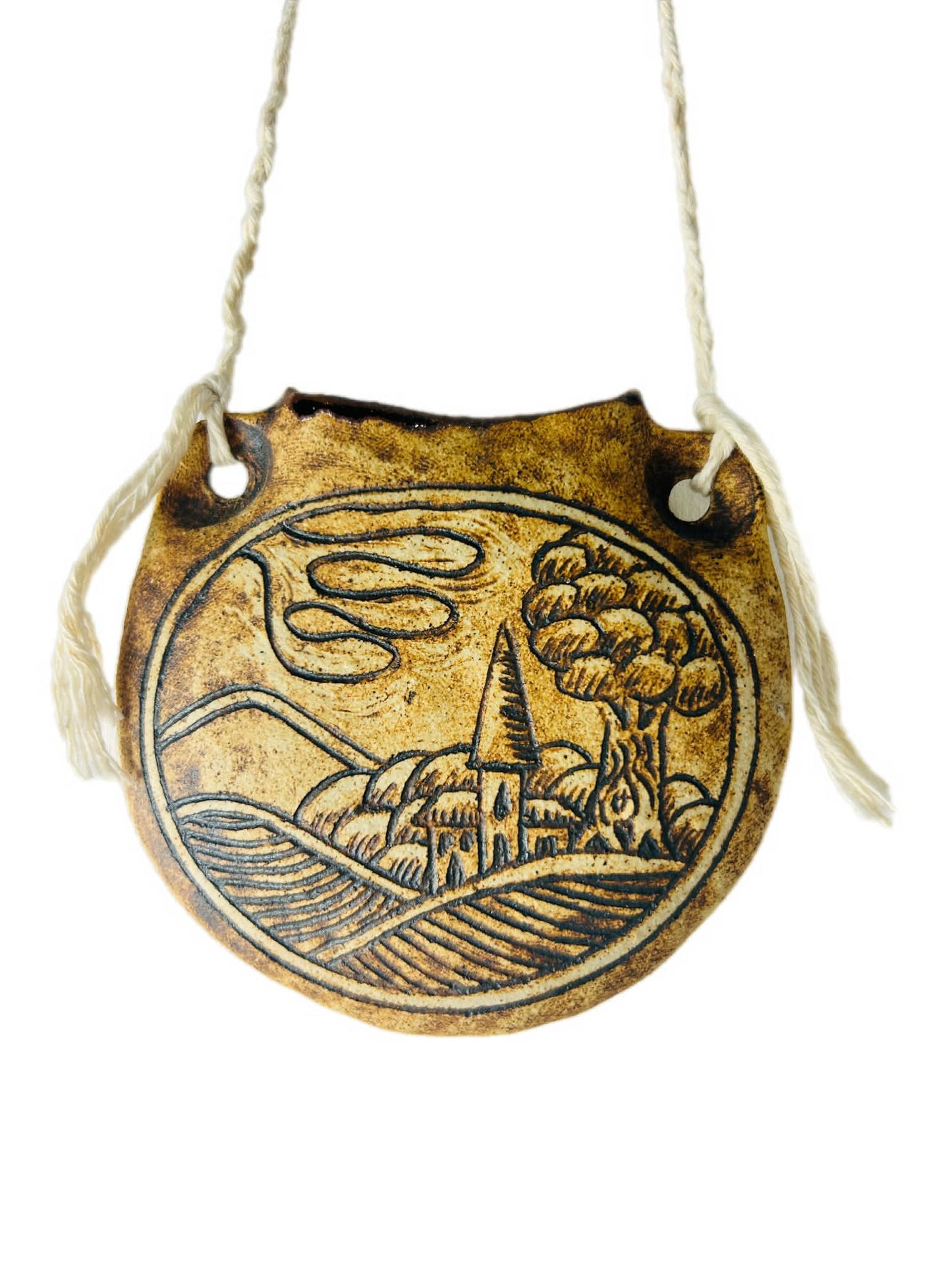 Vintage Ceramic Pilgrim Flask Hanging Wall Vase Folk Art Village Design
