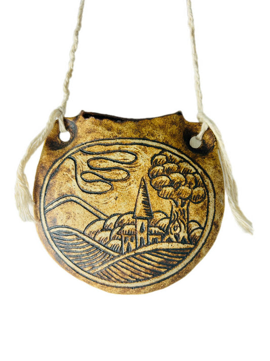 Vintage Ceramic Pilgrim Flask Hanging Wall Vase Folk Art Village Design