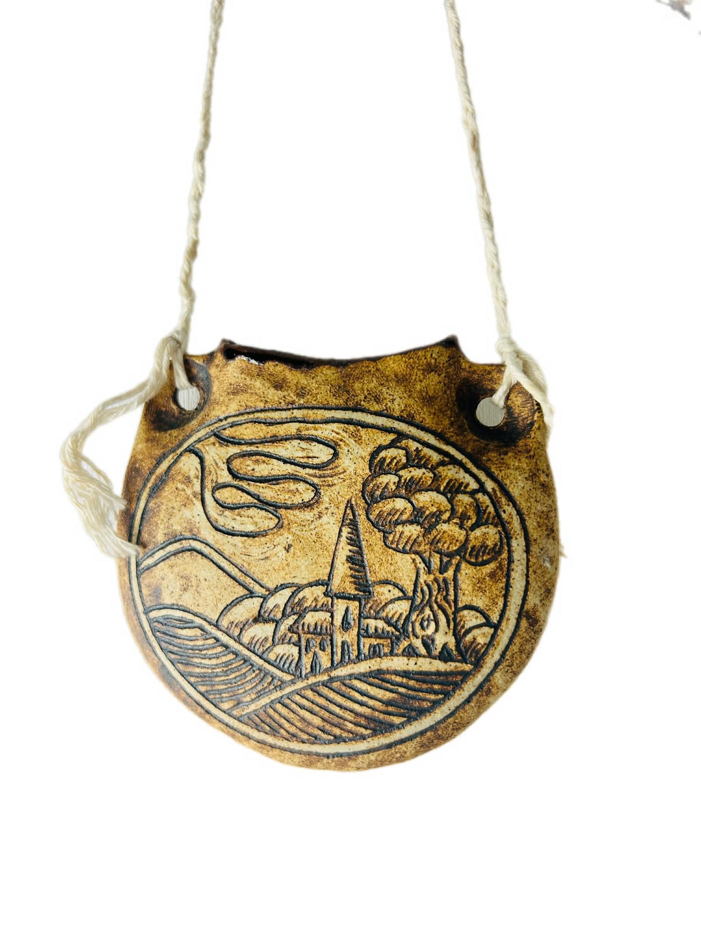 Vintage Ceramic Pilgrim Flask Hanging Wall Vase Folk Art Village Design