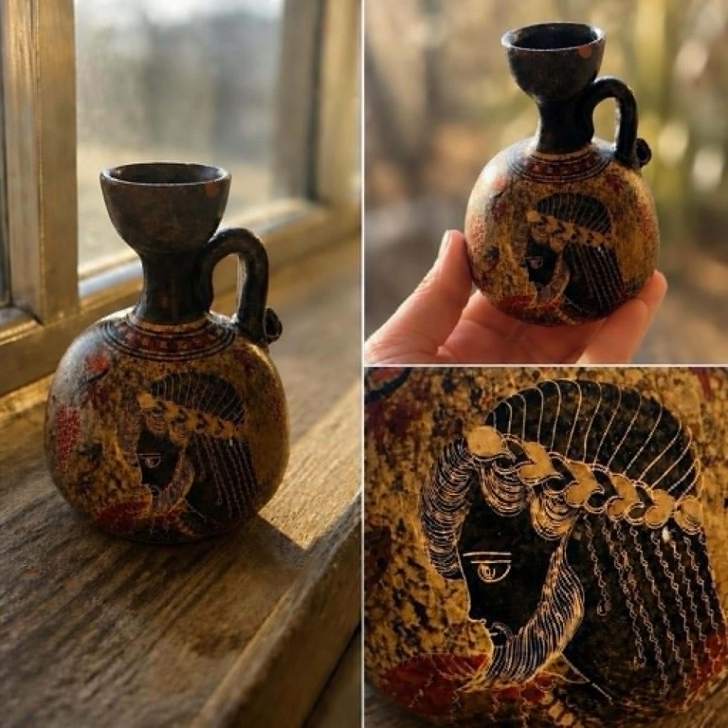 Handmade Greek Pottery Miniature Jug, Copy of the Classical Period 500 BC, Bearded Figure Possibly Zeus, Original Crimped Lead Seal