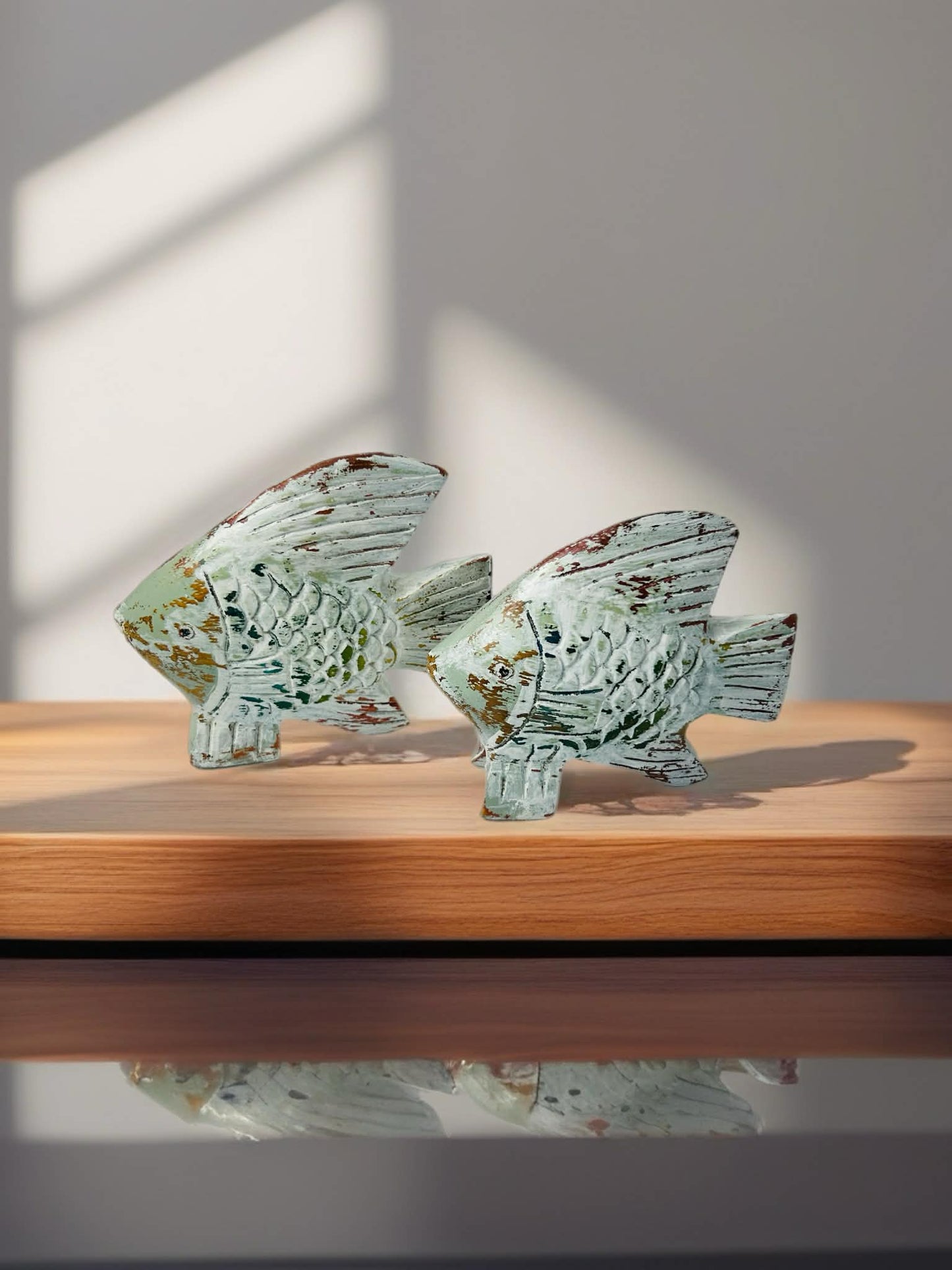 Upcycled Solid Wood Fish Figurines – Sage Green & Natural Timber Coastal Decor Pair