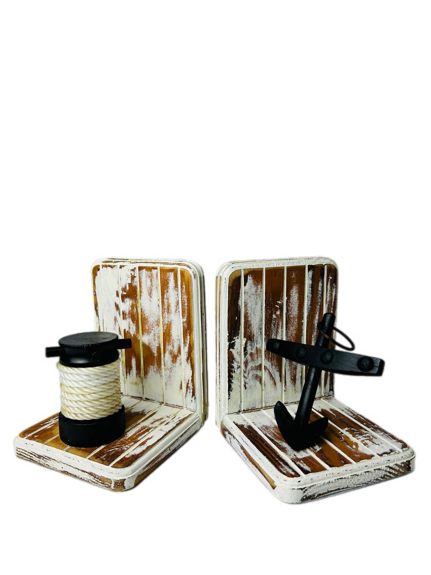 Upcycled Timber Nautical Bookends Cast Iron Anchor Rope Detail Coastal Decor Sabby Chic White