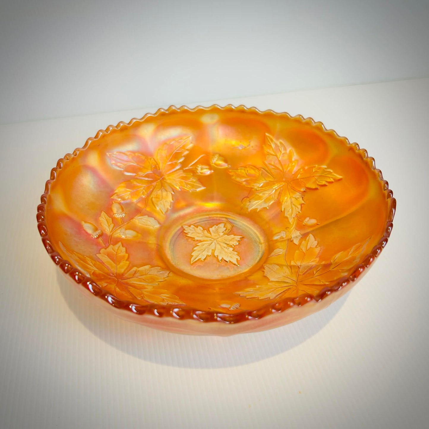 Vintage Carnival Glass Bowl Marigold Orange Scalloped Edge Pressed Glass Fruit Bowl 20cm