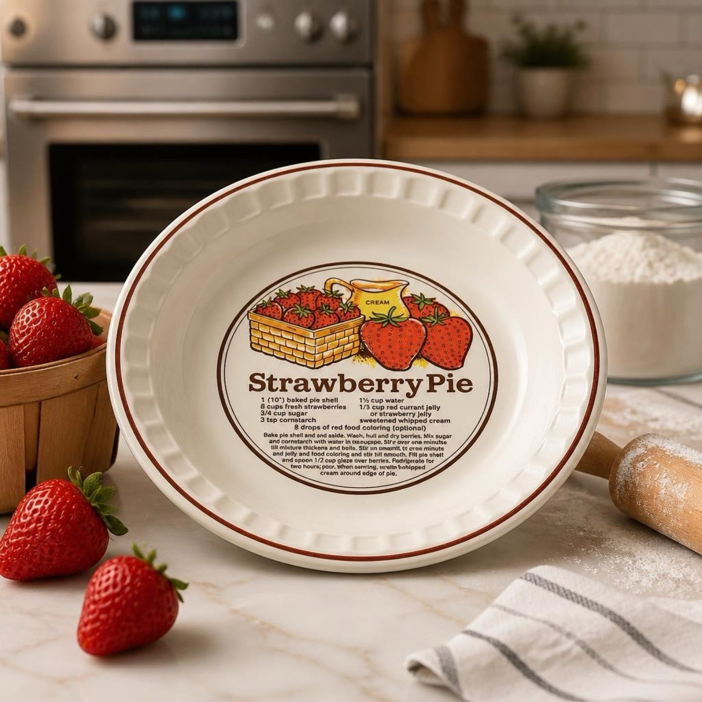 Vintage Strawberry Pie Recipe Dish Made in Korea Retro Ceramic Pie Plate Baking Dish 27cm