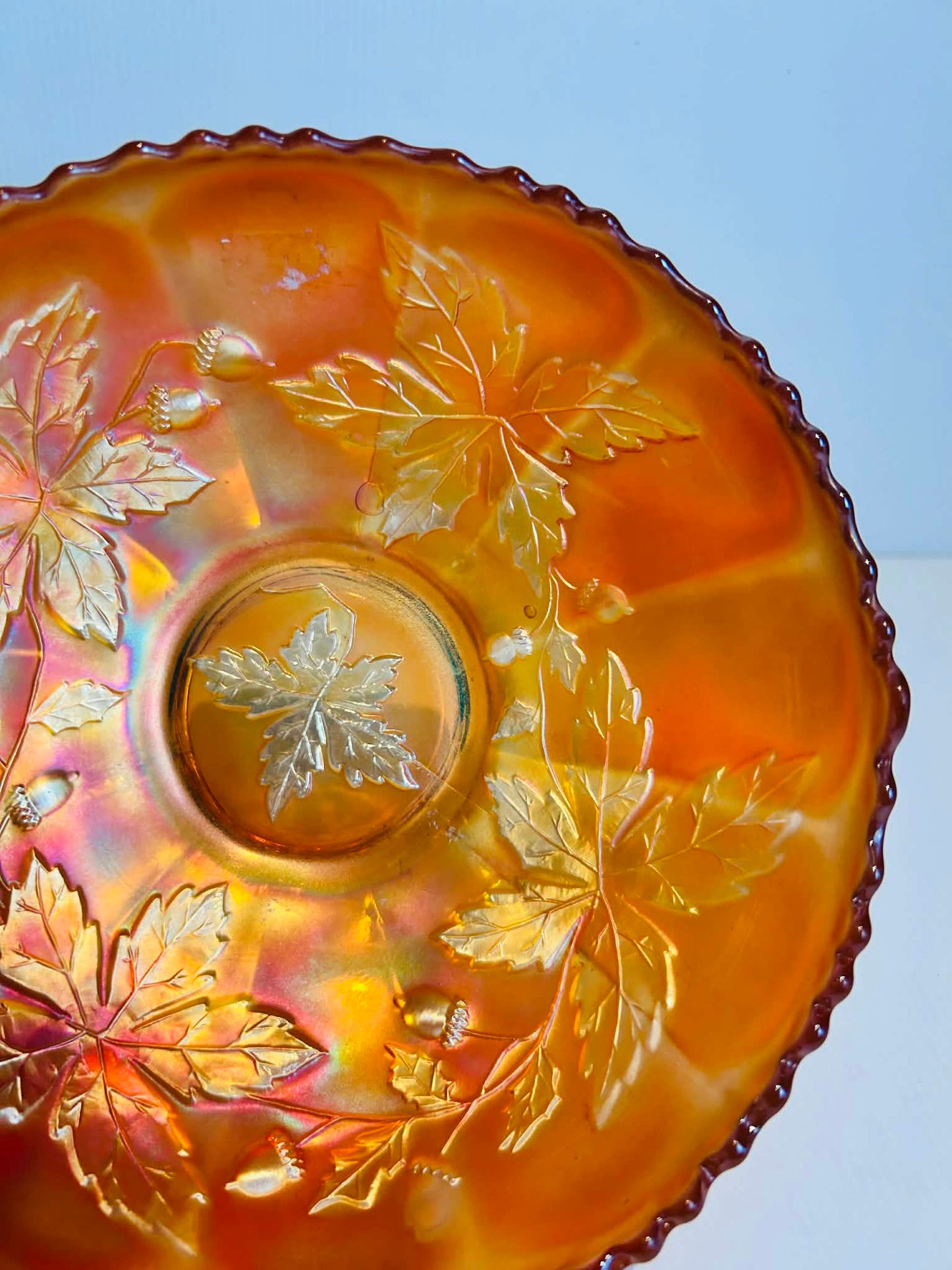 Vintage Carnival Glass Bowl Marigold Orange Scalloped Edge Pressed Glass Fruit Bowl 20cm