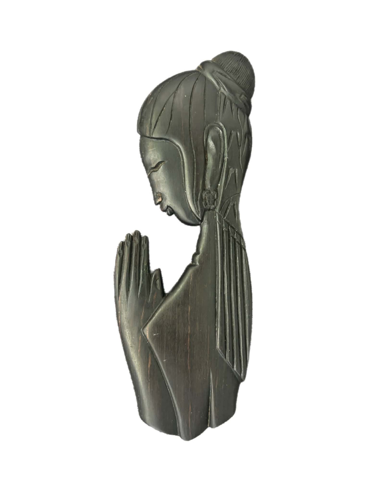 Vintage 1960s Balinese Praying Woman Carved Wood Wall Sculpture, Indonesian Art