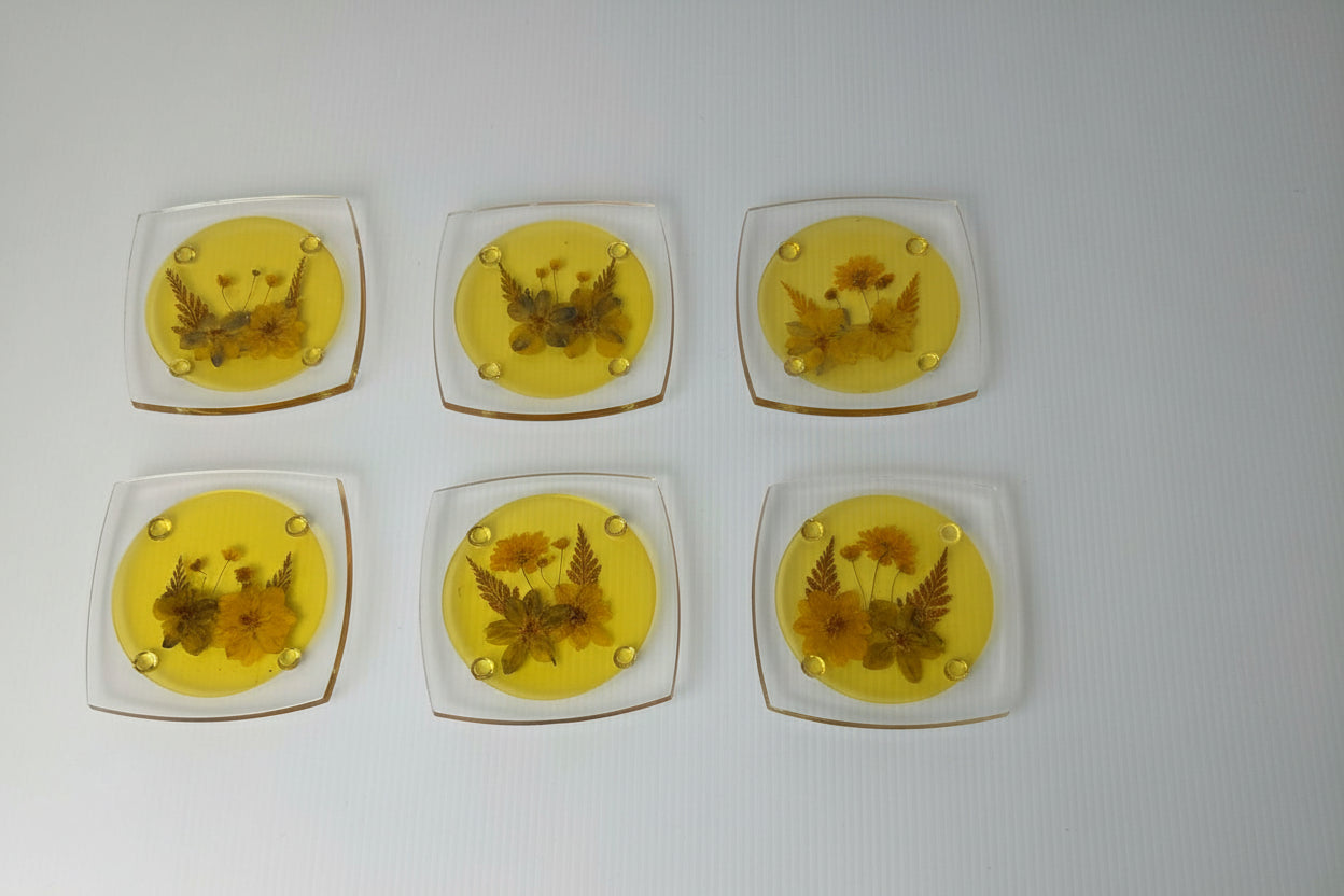 Vintage 1970s Pressed Flower Resin Coasters Set of 6 Yellow Acrylic Boho Cottage Decor Retro Tableware