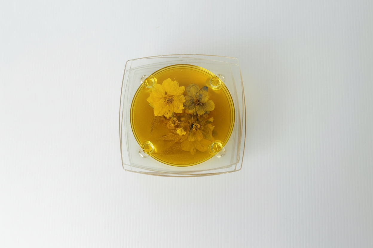 Vintage 1970s Pressed Flower Resin Coasters Set of 6 Yellow Acrylic Boho Cottage Decor Retro Tableware
