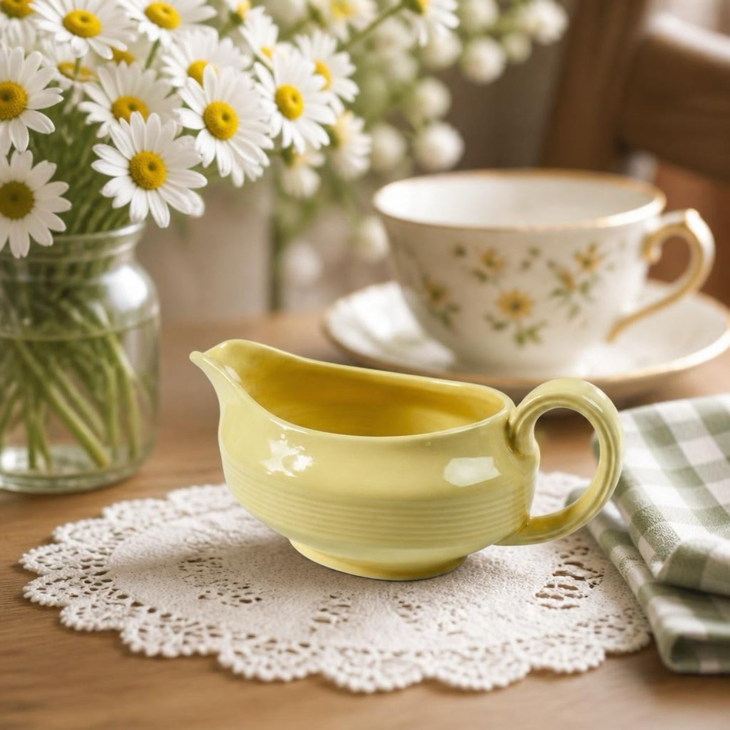 Vintage Wood's Ware Jasmine Gravy Boat, Yellow English Pottery Sauce Jug, Mid Century Tableware