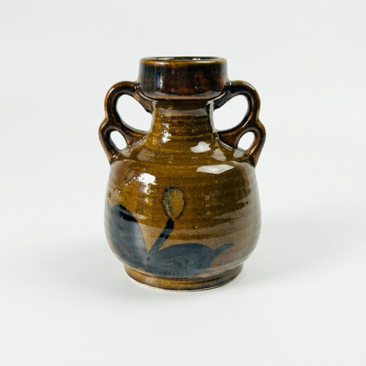 Vintage Artleo Designs Japanese Pottery Vase, Double Handle Stoneware Vase, Retro Floral Ceramic Decor