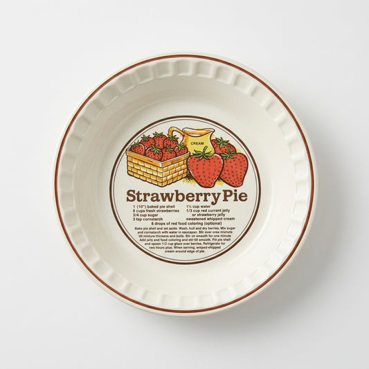 Pie dish with strawberry pie label on a white background