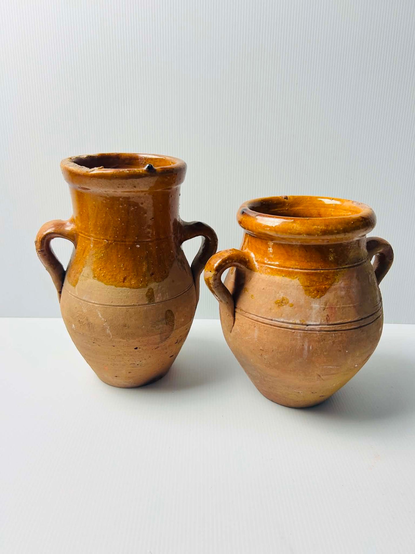 Vintage Rustic Amber Glazed Earthenware Jug Pair Large Decorative Vessels | SABBY CHIC