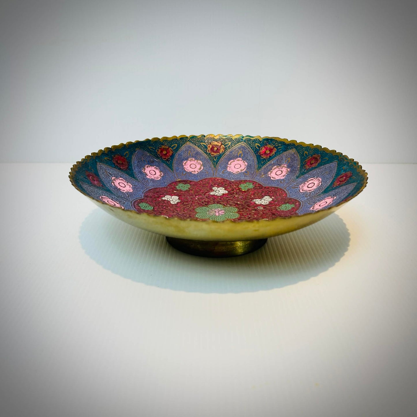 Vintage Brass Enamel Pedestal Bowl – “Calivery” Label